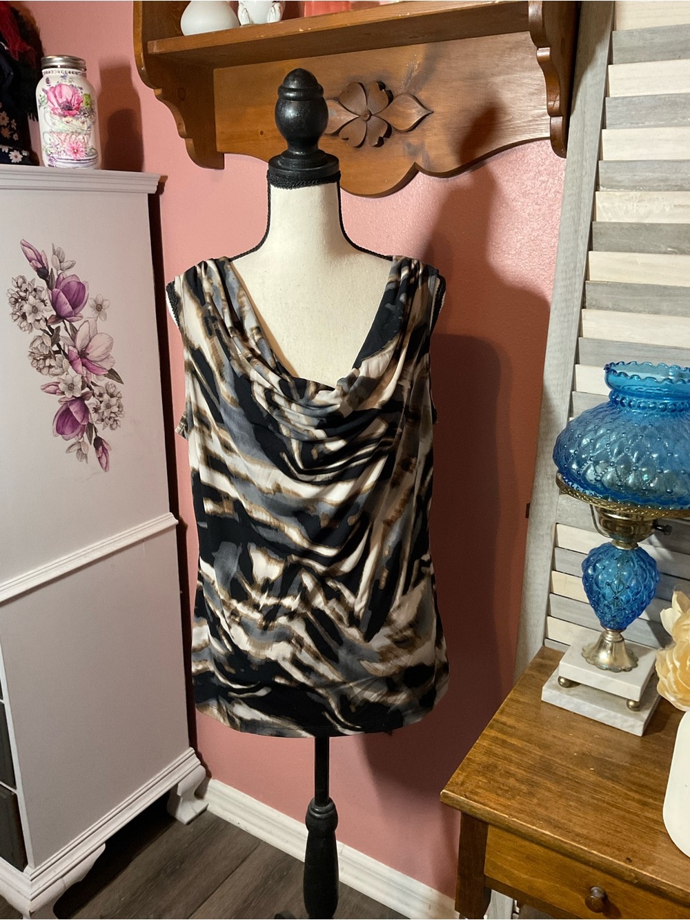 Calvin Klein Black and Brown Cowl Neck Sleeveless Blouse